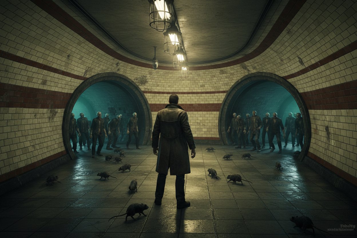 A survivor stands on a tiled Paris metro platform at night as rats and zombies pour out of both tunnel mouths